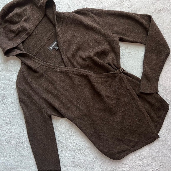 Betabrand Sweaters - Betabrand Black Sheep Wool Hooded Wrap Cardigan Sweater Brown S/M